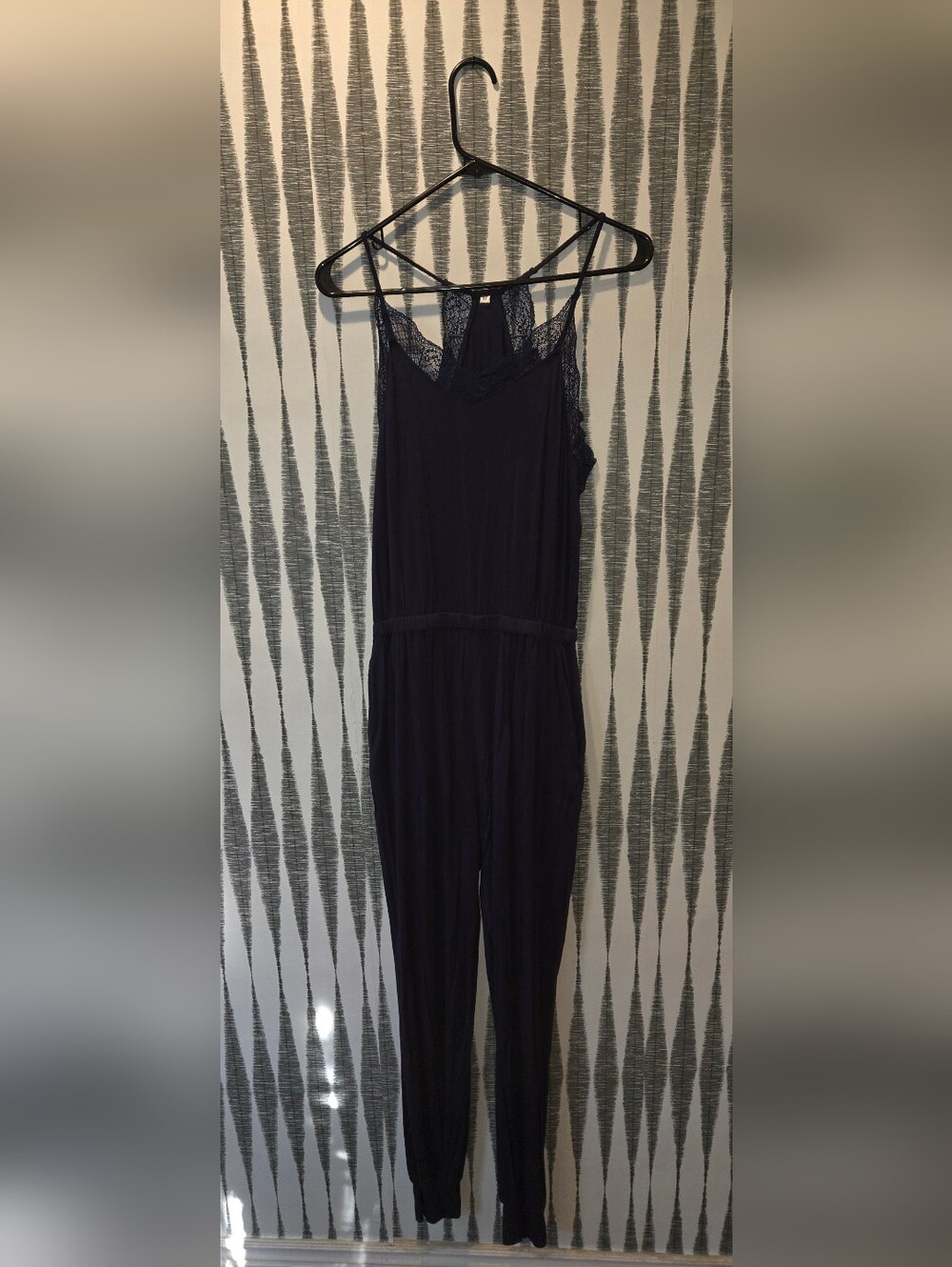 Navy Blue Lace Racerback Jumpsuit Women's Size Medium Jogger Romper